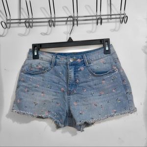 Denim floral print high waisted cut off shorts